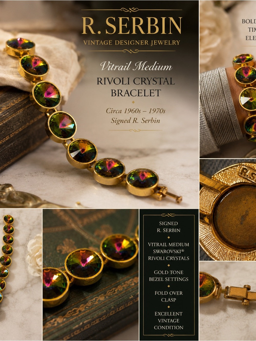 Vintage R. Serbin Signed Gold-Tone Rivoli Crystal Bracelet
